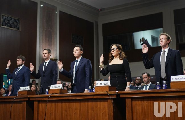 Five social media CEOs sworn in before Senate Judiciary Committee, January 31, 2024. Photo by Bonnie Cash/UPI.