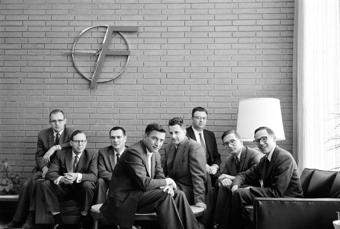 The “traitorous eight” who left Shockley Semiconductor to found Fairchild Semiconductor (1957)