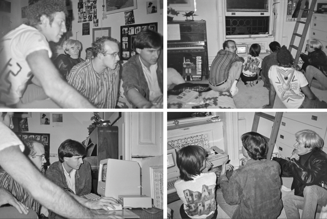 Steve Jobs showing off the Macintosh to Andy Warhol, Keith Haring and Sean Ono Lennon (1984)